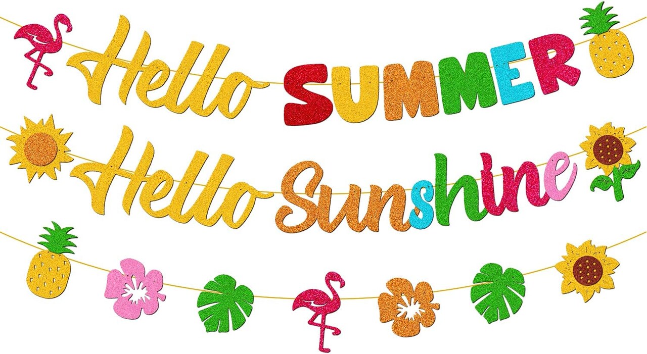 Hello Summer Hello Sunshine Banner for Summer Hawaiian Tropical Flamingo Pineapple Sunflower Beach Theme Holiday